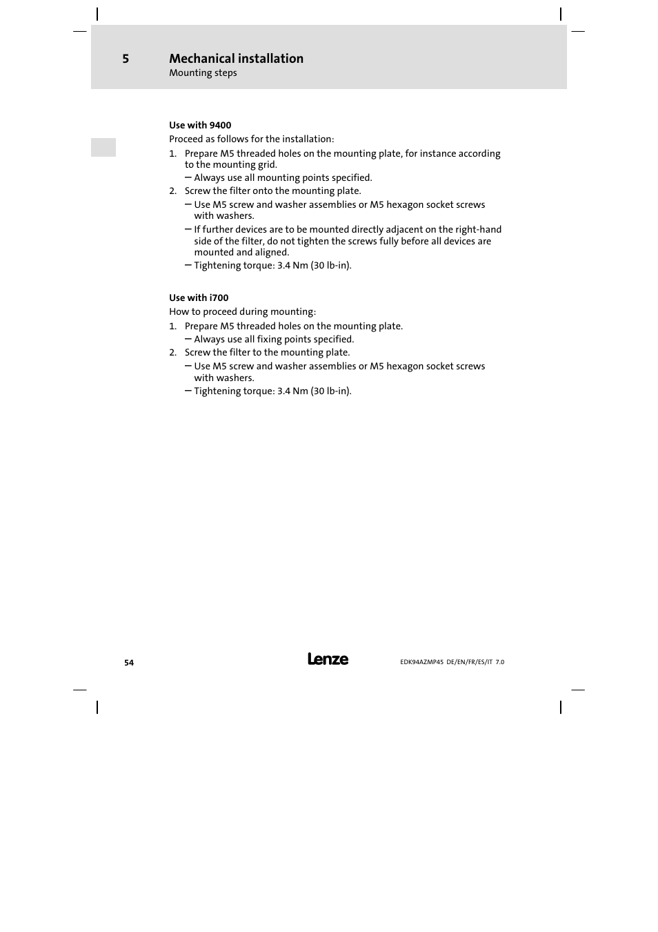 Mechanical installation | Lenze E94AZMP User Manual | Page 54 / 156