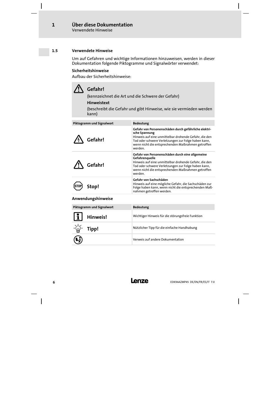 Verwendete hinweise | Lenze E94AZMP User Manual | Page 6 / 156