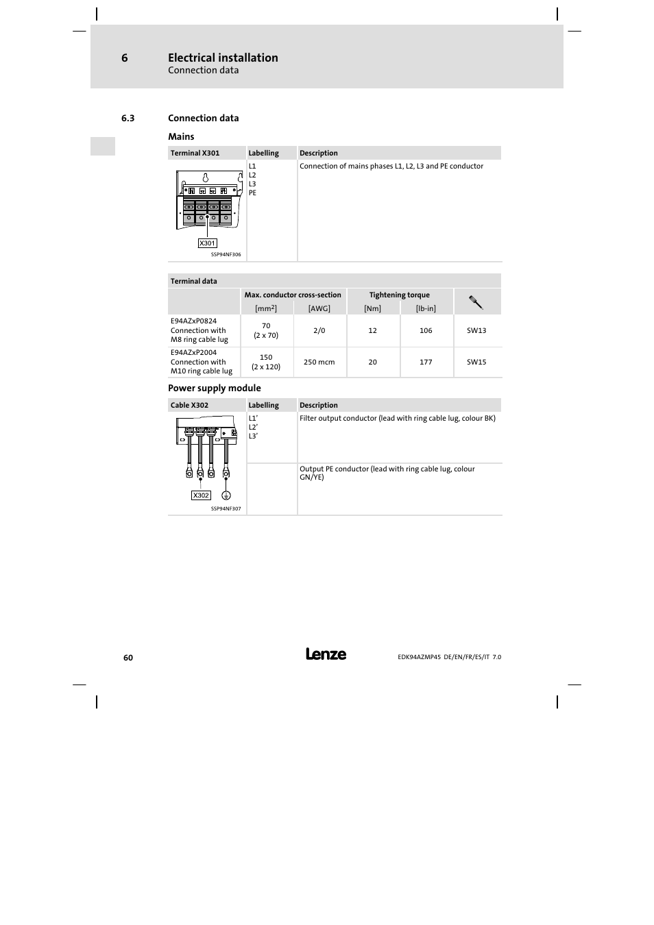 Connection data, Electrical installation | Lenze E94AZMP User Manual | Page 60 / 156