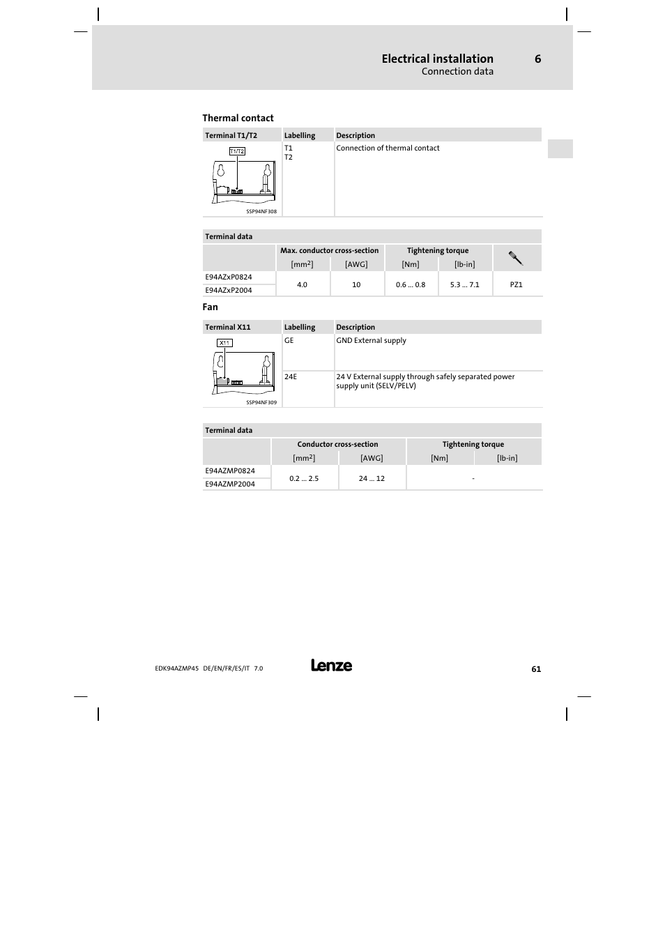 Electrical installation | Lenze E94AZMP User Manual | Page 61 / 156