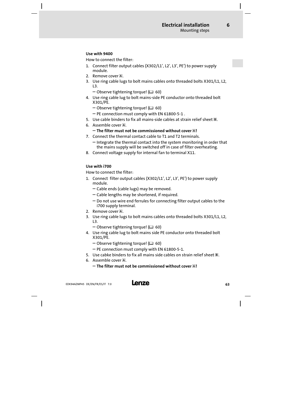 Lenze E94AZMP User Manual | Page 63 / 156