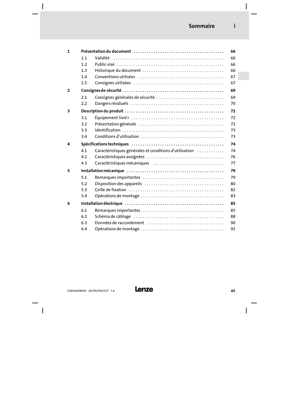 Sommaire, Sommaire i | Lenze E94AZMP User Manual | Page 65 / 156