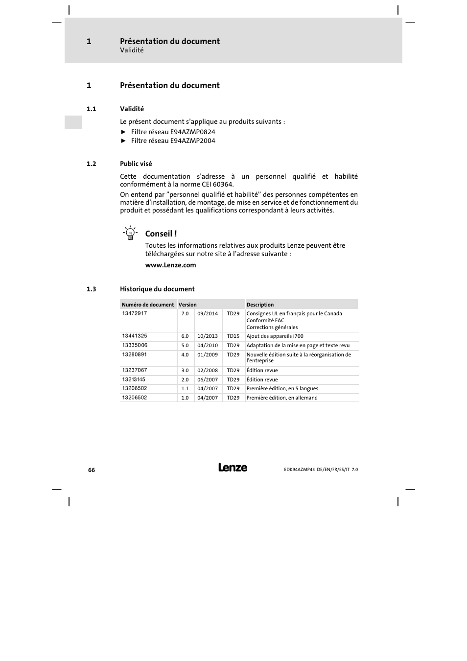 Présentation du document, Validité, Public visé | Historique du document, 1présentation du document, Conseil | Lenze E94AZMP User Manual | Page 66 / 156