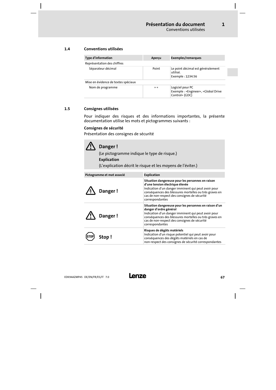 Conventions utilisées, Consignes utilisées | Lenze E94AZMP User Manual | Page 67 / 156