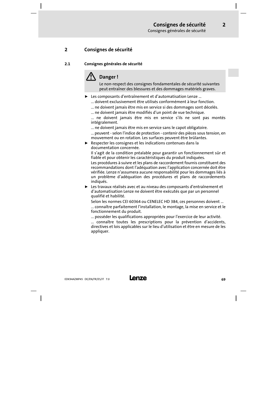 Consignes de sécurité, Consignes générales de sécurité | Lenze E94AZMP User Manual | Page 69 / 156