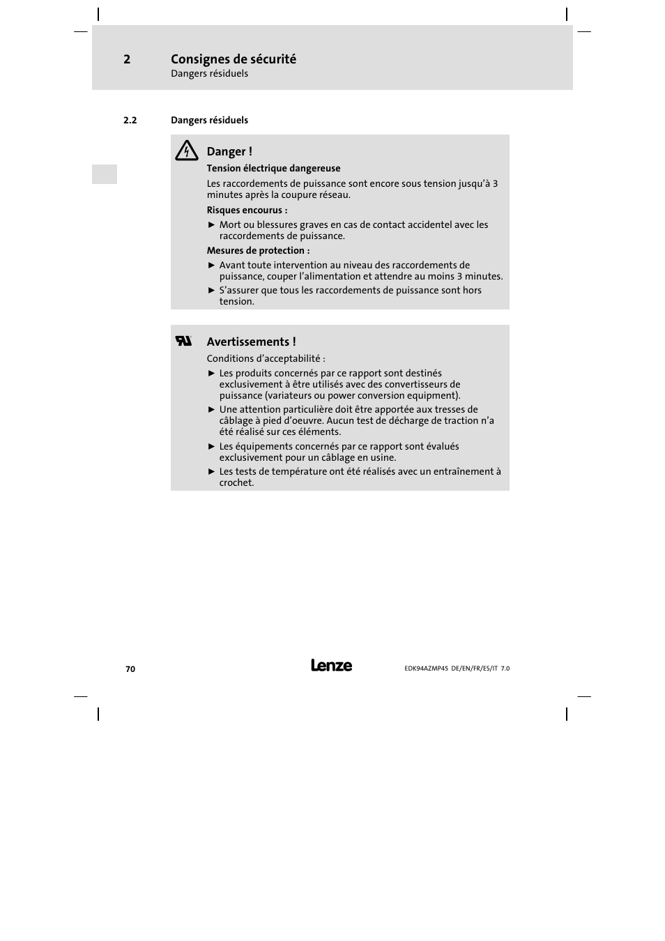 Dangers résiduels, Consignes de sécurité | Lenze E94AZMP User Manual | Page 70 / 156