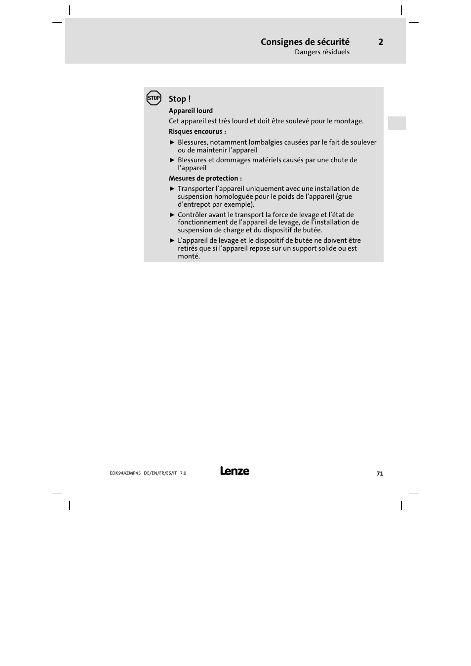 Consignes de sécurité | Lenze E94AZMP User Manual | Page 71 / 156