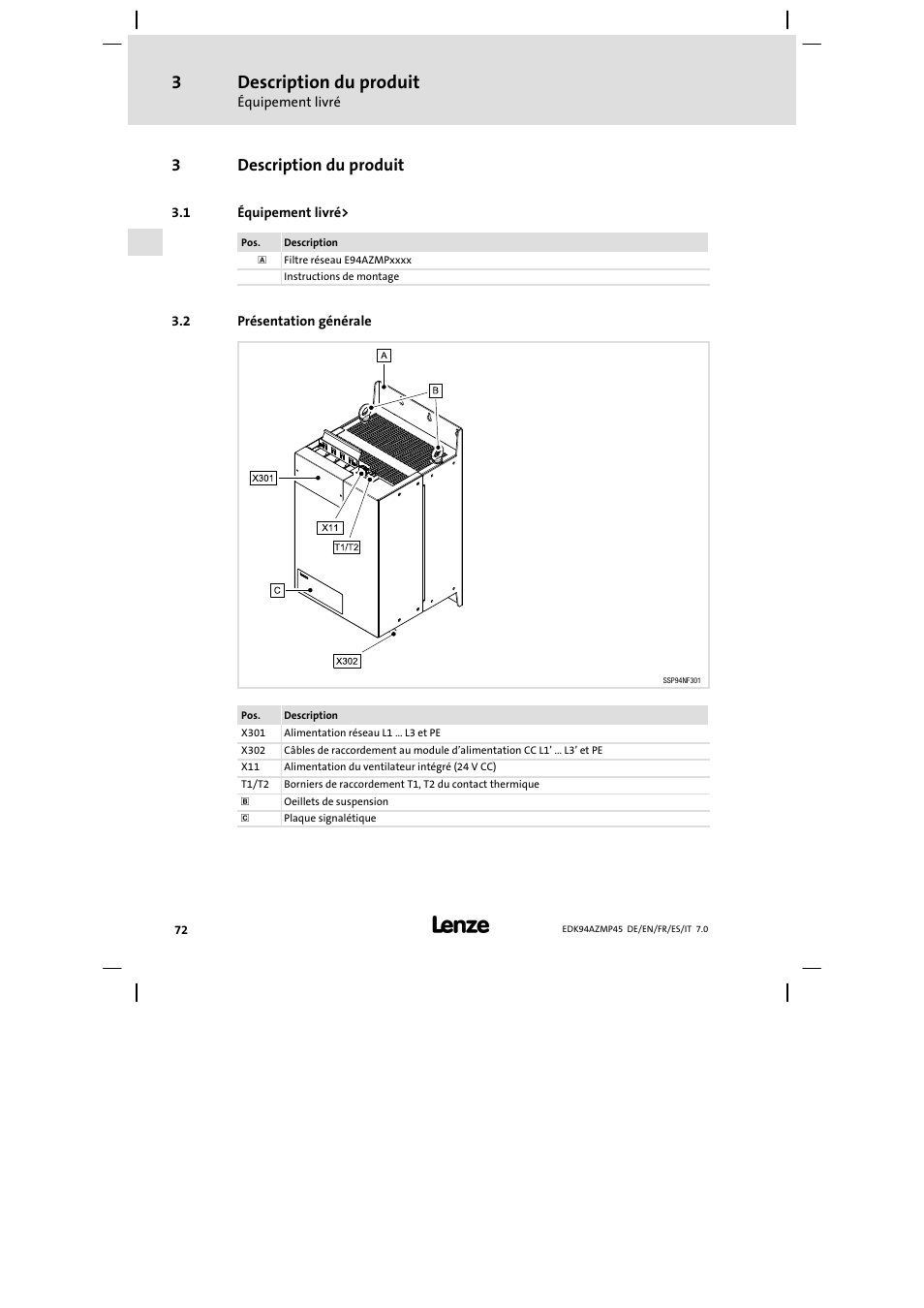 Description du produit, Équipement livré, Présentation générale | 3description du produit | Lenze E94AZMP User Manual | Page 72 / 156