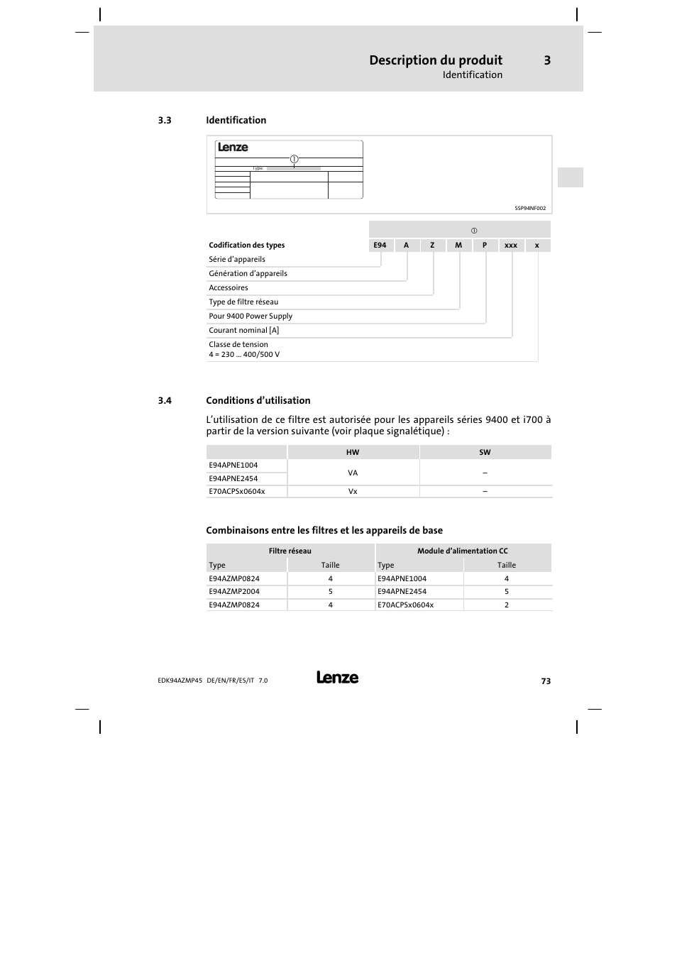 Identification, Conditions d'utilisation, Conditions d’utilisation | Description du produit | Lenze E94AZMP User Manual | Page 73 / 156