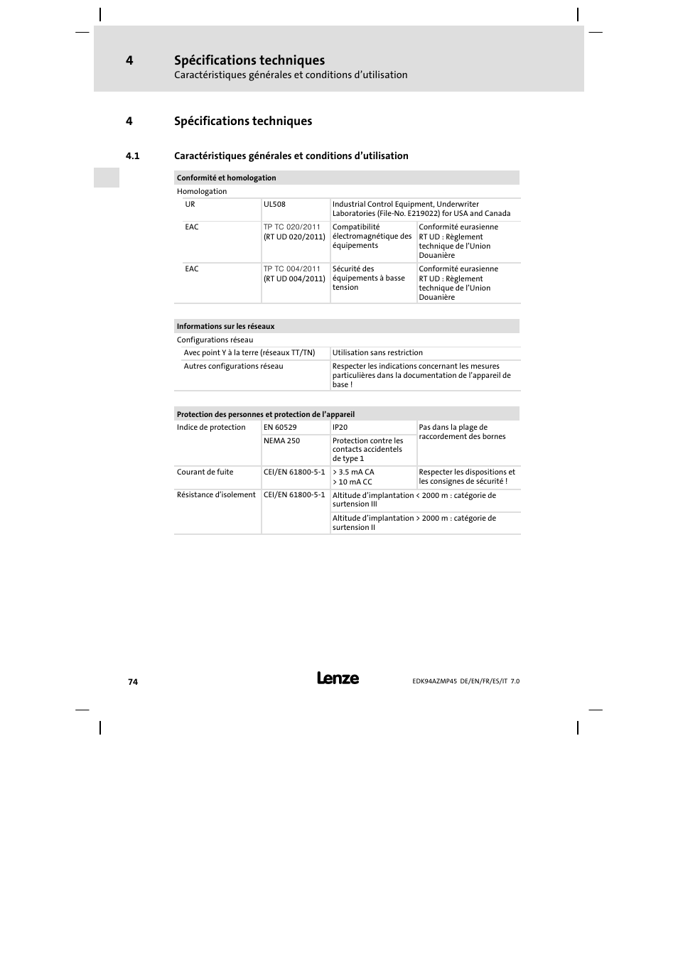 Spécifications techniques, 4spécifications techniques | Lenze E94AZMP User Manual | Page 74 / 156