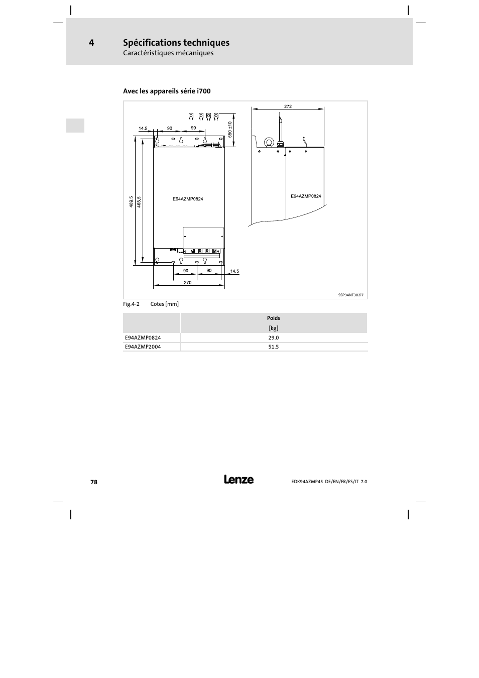 Spécifications techniques | Lenze E94AZMP User Manual | Page 78 / 156