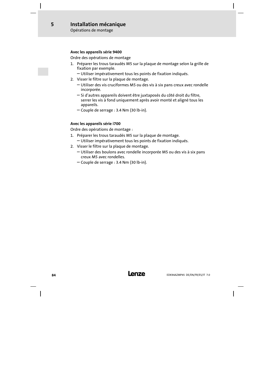 Installation mécanique | Lenze E94AZMP User Manual | Page 84 / 156