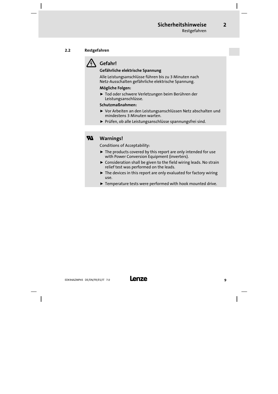 Restgefahren, Sicherheitshinweise | Lenze E94AZMP User Manual | Page 9 / 156