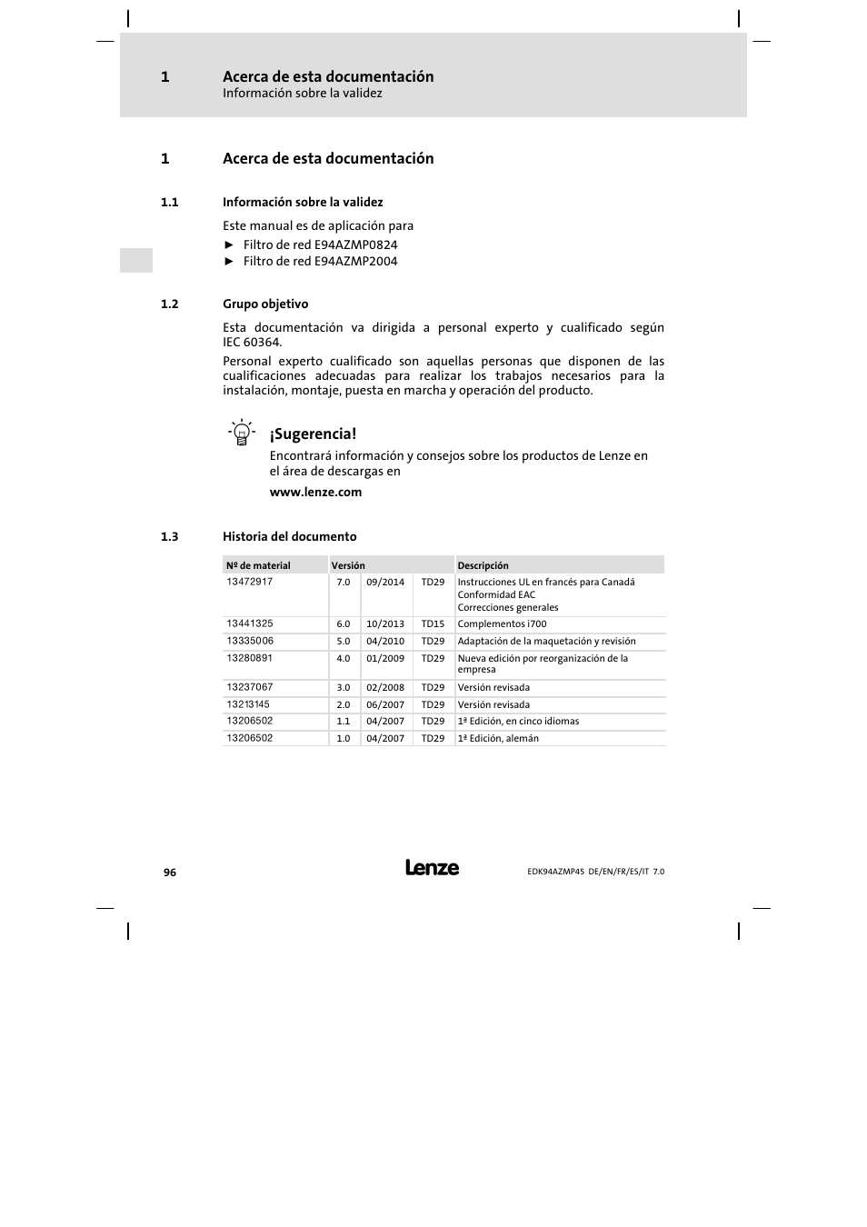 Acerca de esta documentación, Información sobre la validez, Grupo objetivo | Historia del documento, 1acerca de esta documentación, Sugerencia | Lenze E94AZMP User Manual | Page 96 / 156