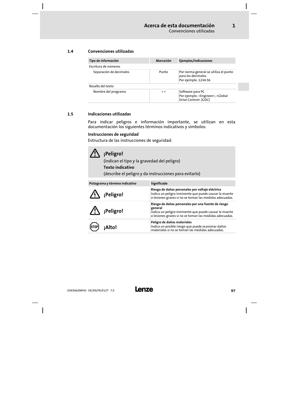 Convenciones utilizadas, Indicaciones utilizadas | Lenze E94AZMP User Manual | Page 97 / 156