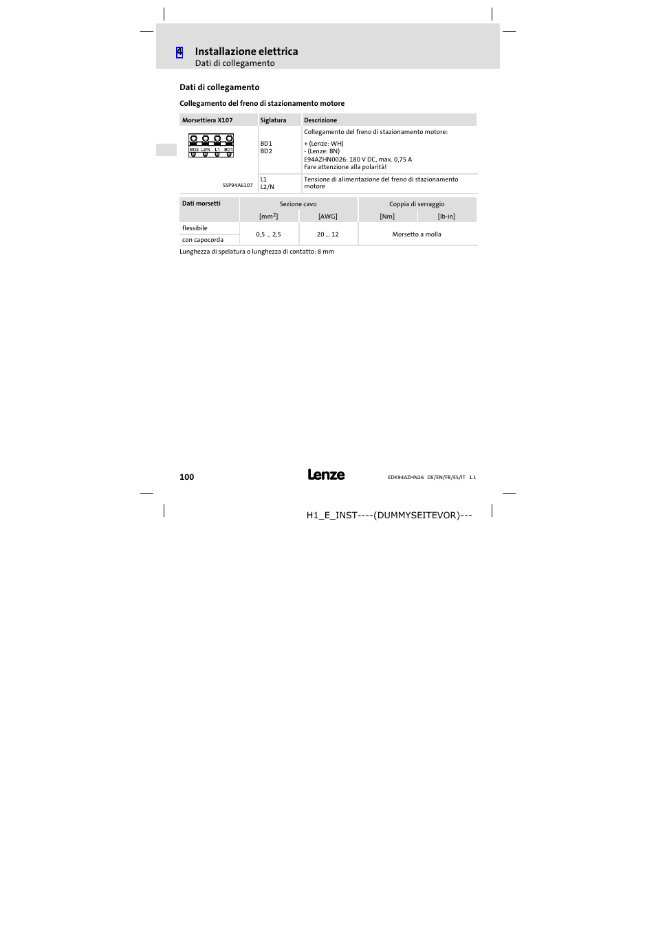 Dati di collegamento, 4installazione elettrica | Lenze E94AZHN0026 User Manual | Page 100 / 104