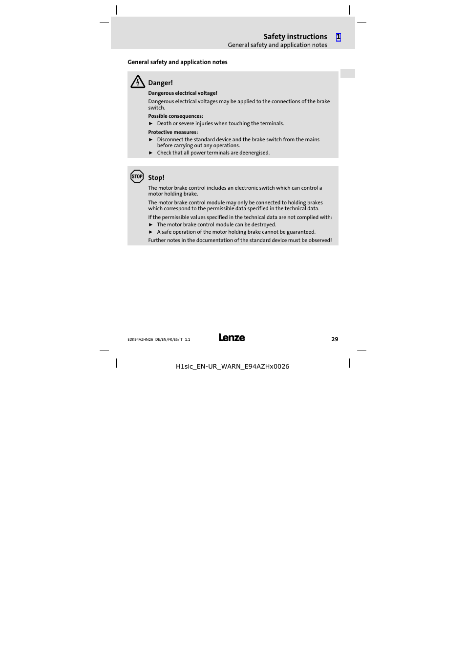 General safety and application notes | Lenze E94AZHN0026 User Manual | Page 29 / 104