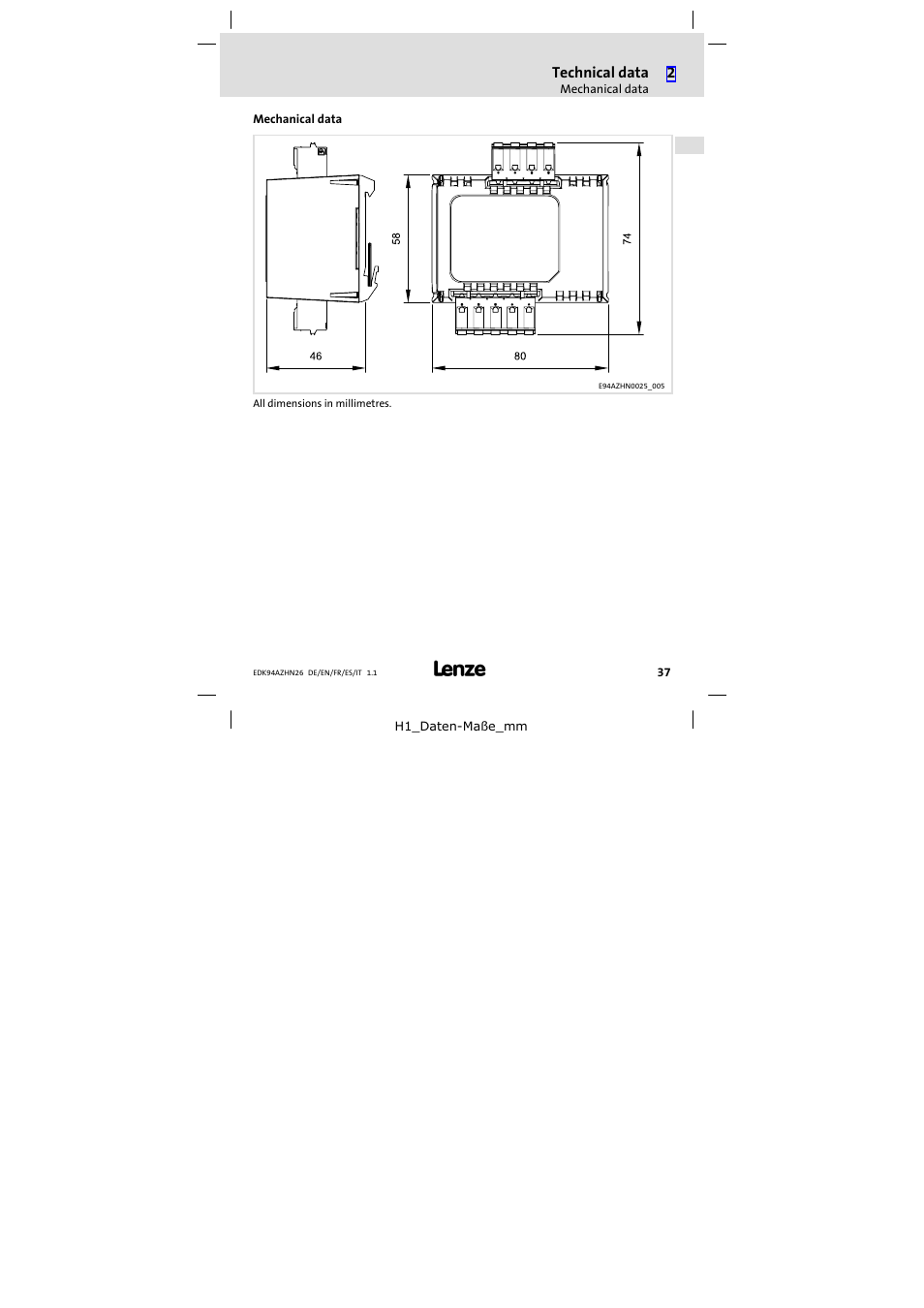 Mechanical data | Lenze E94AZHN0026 User Manual | Page 37 / 104