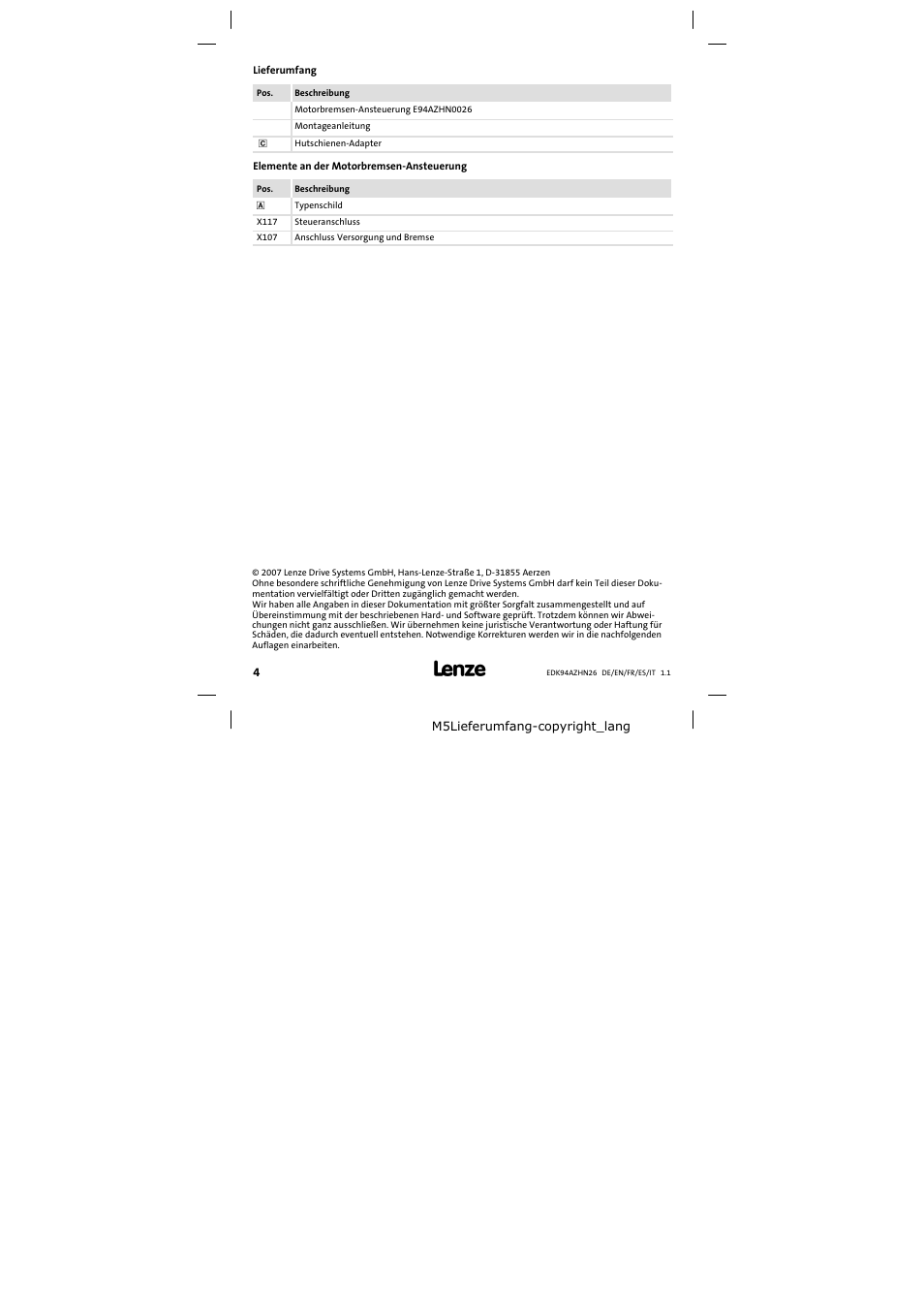 Lieferumfang | Lenze E94AZHN0026 User Manual | Page 4 / 104