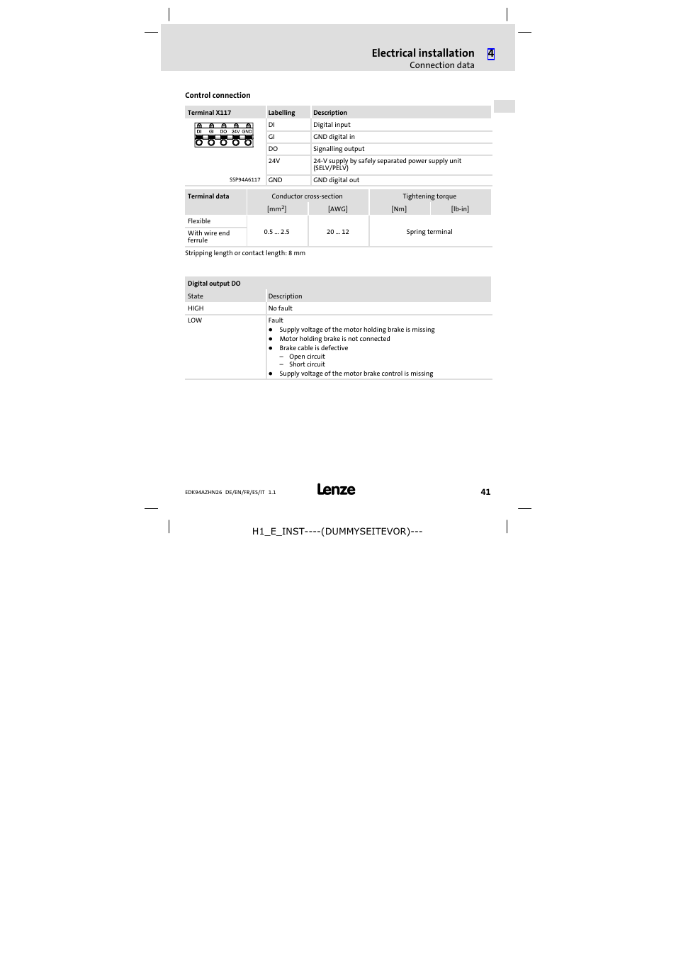 Electrical installation | Lenze E94AZHN0026 User Manual | Page 41 / 104