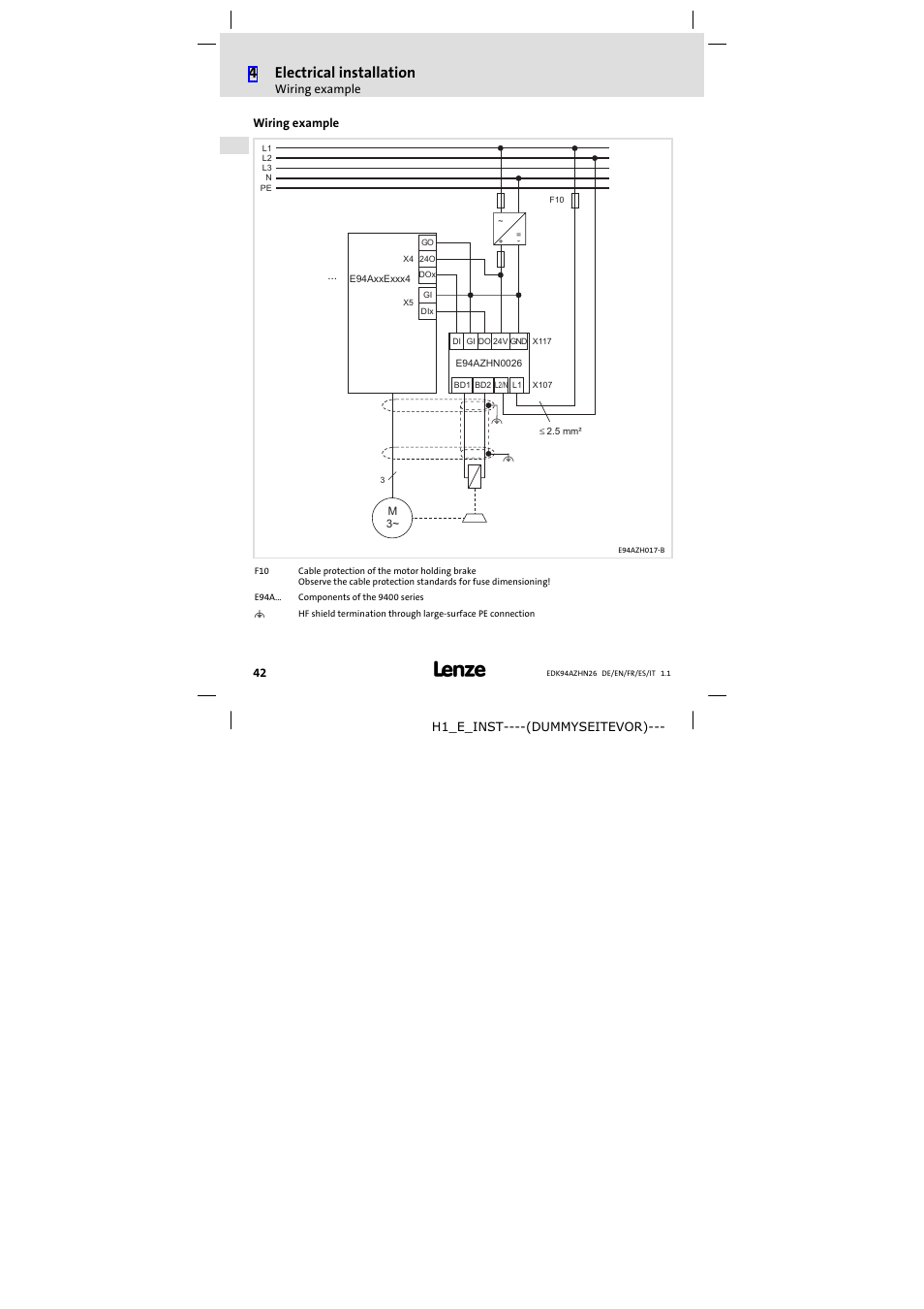 Wiring example, 4electrical installation | Lenze E94AZHN0026 User Manual | Page 42 / 104