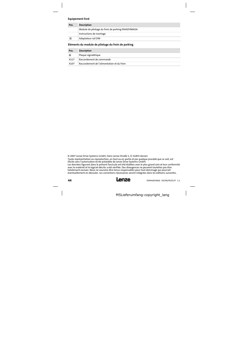 Equipement livré | Lenze E94AZHN0026 User Manual | Page 44 / 104
