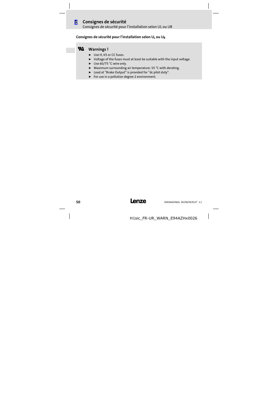 1consignes de sécurité | Lenze E94AZHN0026 User Manual | Page 50 / 104