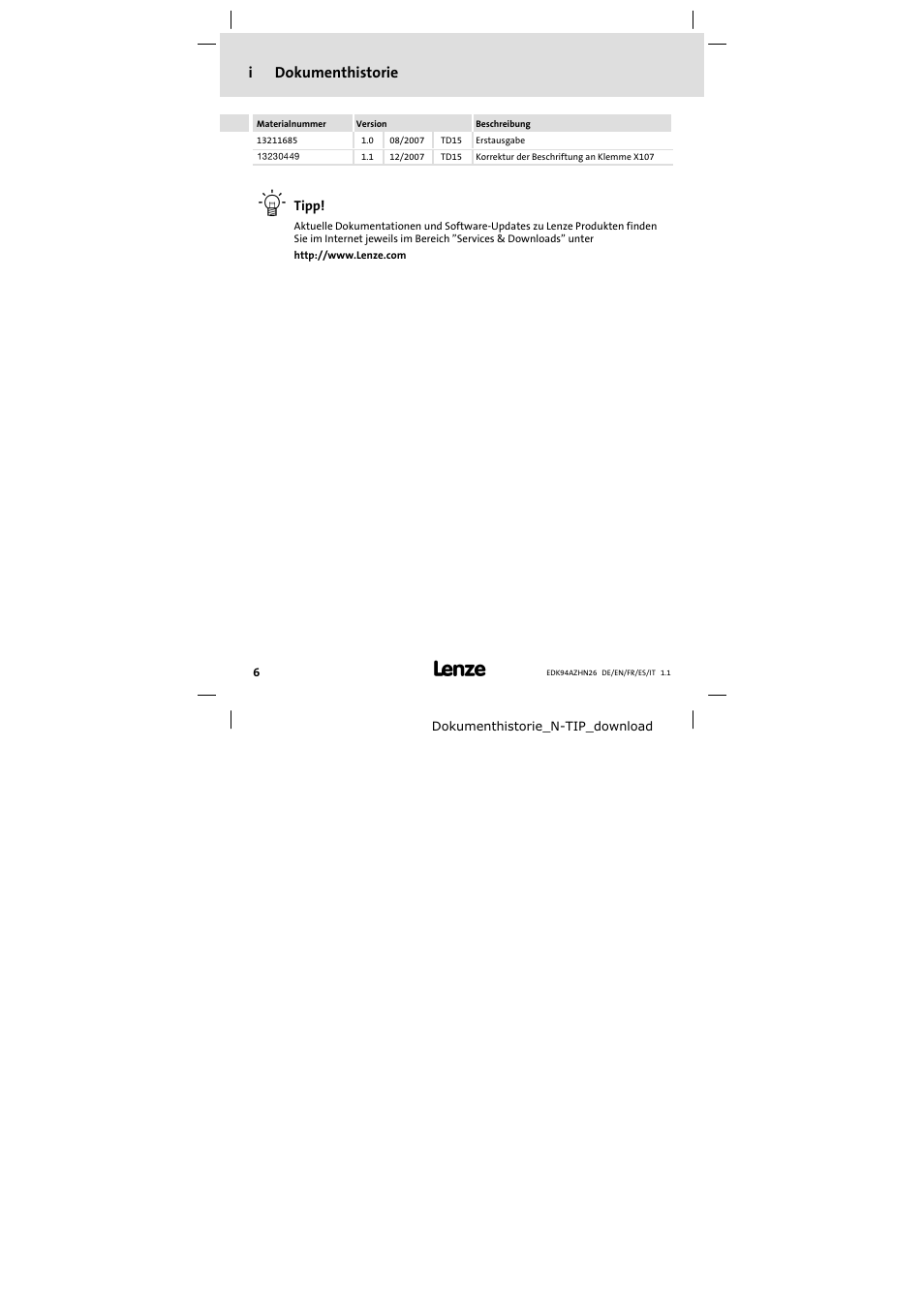 Dokumenthistorie, Idokumenthistorie | Lenze E94AZHN0026 User Manual | Page 6 / 104
