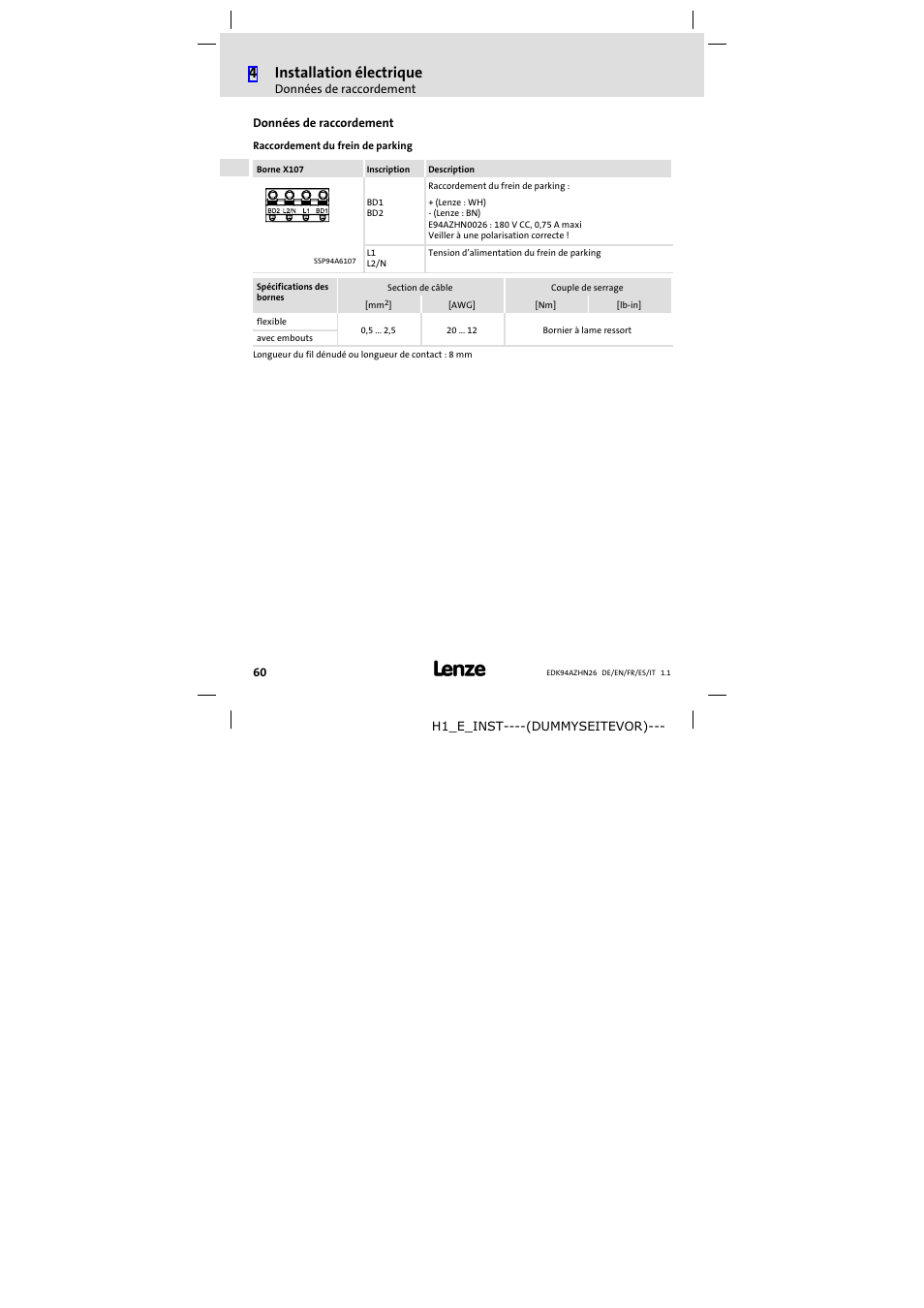 Données de raccordement, 4installation électrique | Lenze E94AZHN0026 User Manual | Page 60 / 104