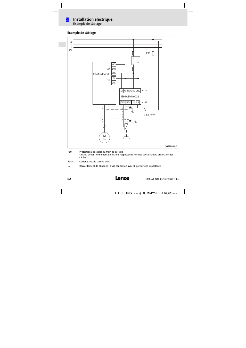 Exemple de câblage, 4installation électrique | Lenze E94AZHN0026 User Manual | Page 62 / 104