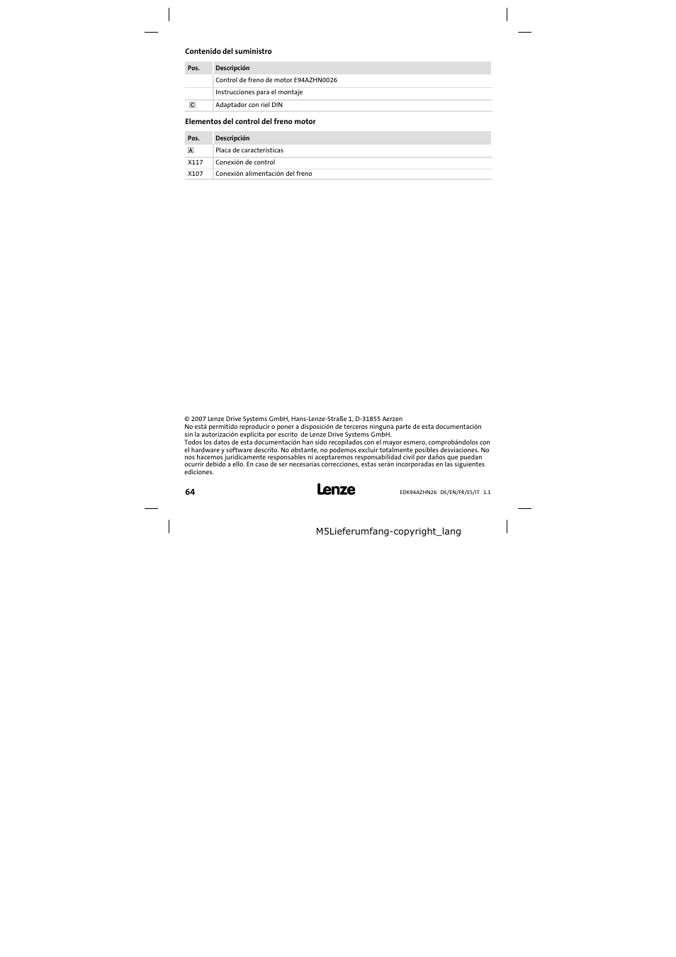 Lenze E94AZHN0026 User Manual | Page 64 / 104
