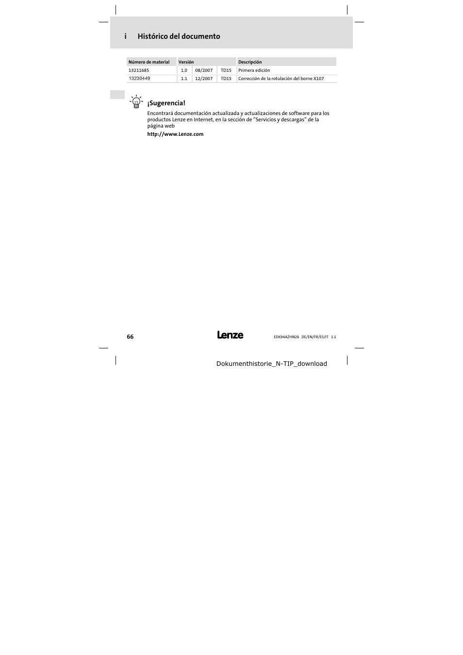 Histórico del documento, Ihistórico del documento | Lenze E94AZHN0026 User Manual | Page 66 / 104
