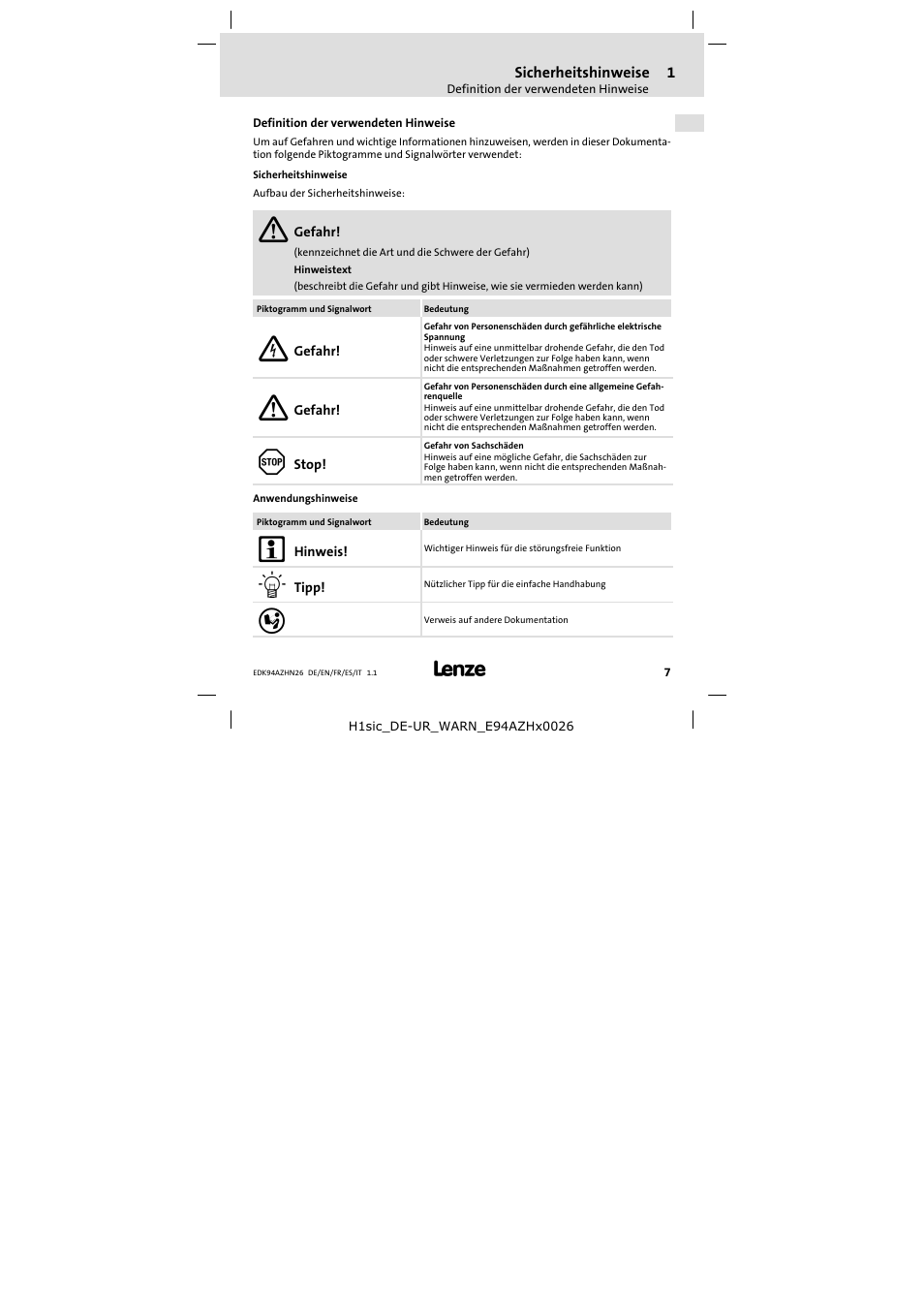 1 sicherheitshinweise, Definition der verwendeten hinweise, Sicherheitshinweise | Lenze E94AZHN0026 User Manual | Page 7 / 104