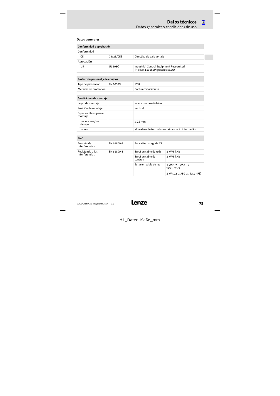 Datos técnicos | Lenze E94AZHN0026 User Manual | Page 73 / 104