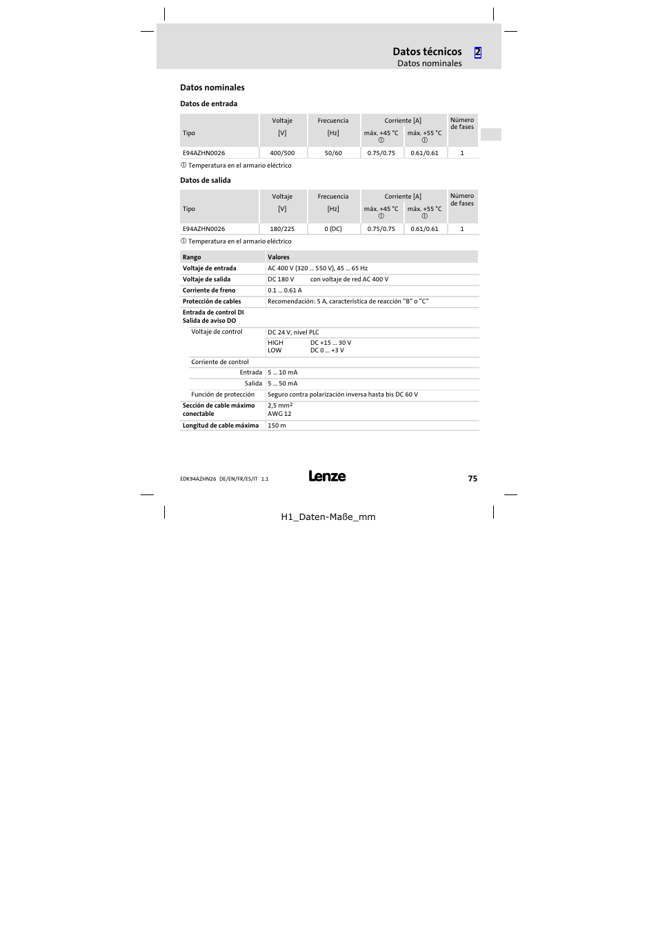 Datos nominales, Datos técnicos | Lenze E94AZHN0026 User Manual | Page 75 / 104