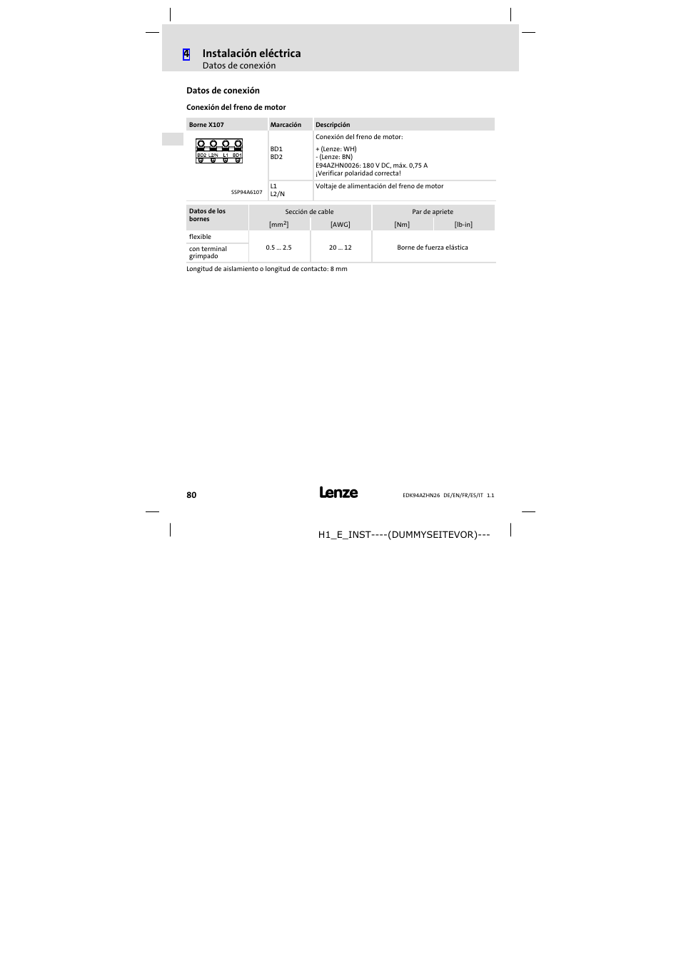 Datos de conexión, 4instalación eléctrica | Lenze E94AZHN0026 User Manual | Page 80 / 104