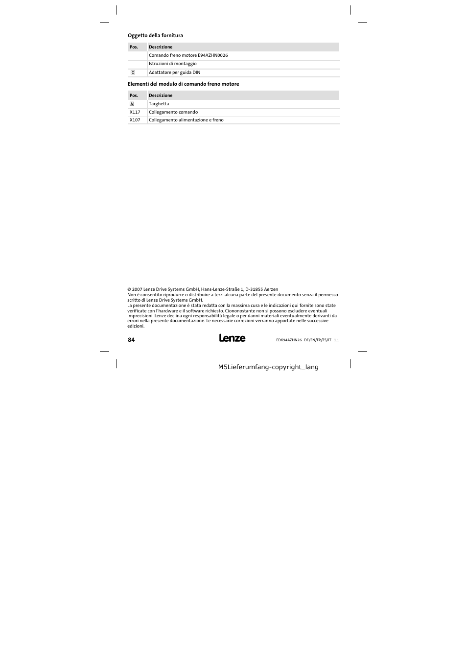 Oggetto della fornitura | Lenze E94AZHN0026 User Manual | Page 84 / 104