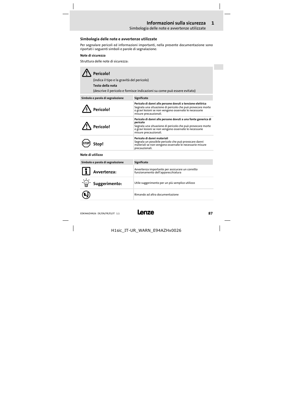 1 informazioni sulla sicurezza, Simbologia delle note e avvertenze utilizzate, Informazioni sulla sicurezza | Lenze E94AZHN0026 User Manual | Page 87 / 104