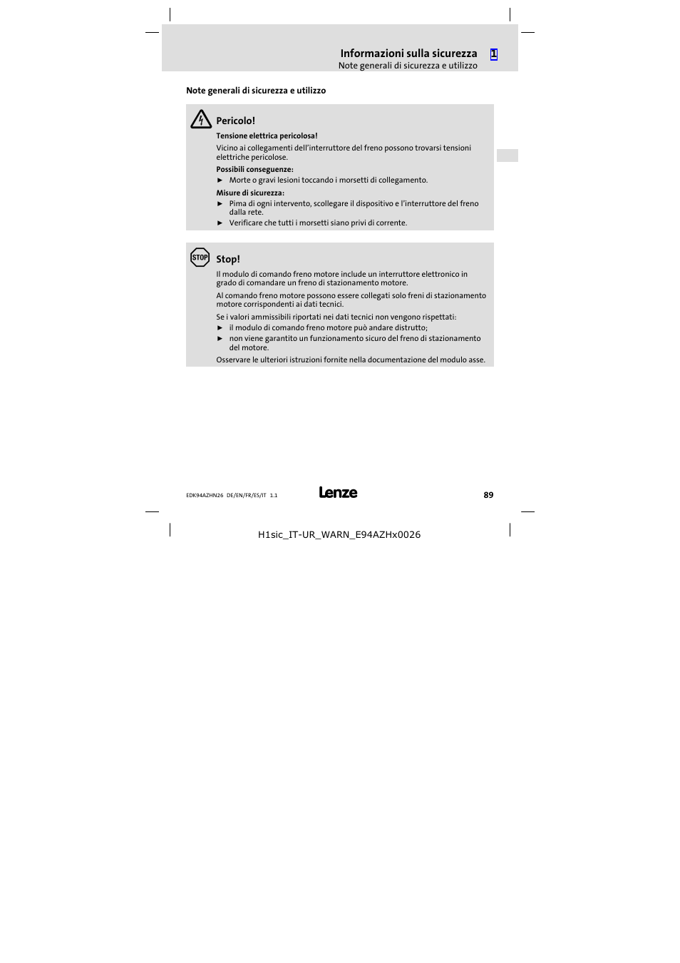 Note generali di sicurezza e utilizzo | Lenze E94AZHN0026 User Manual | Page 89 / 104
