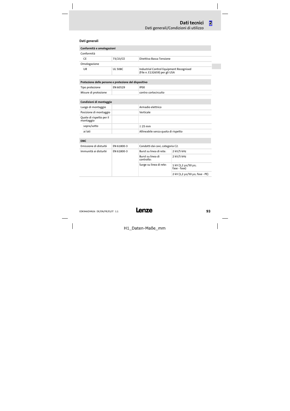 Dati tecnici | Lenze E94AZHN0026 User Manual | Page 93 / 104