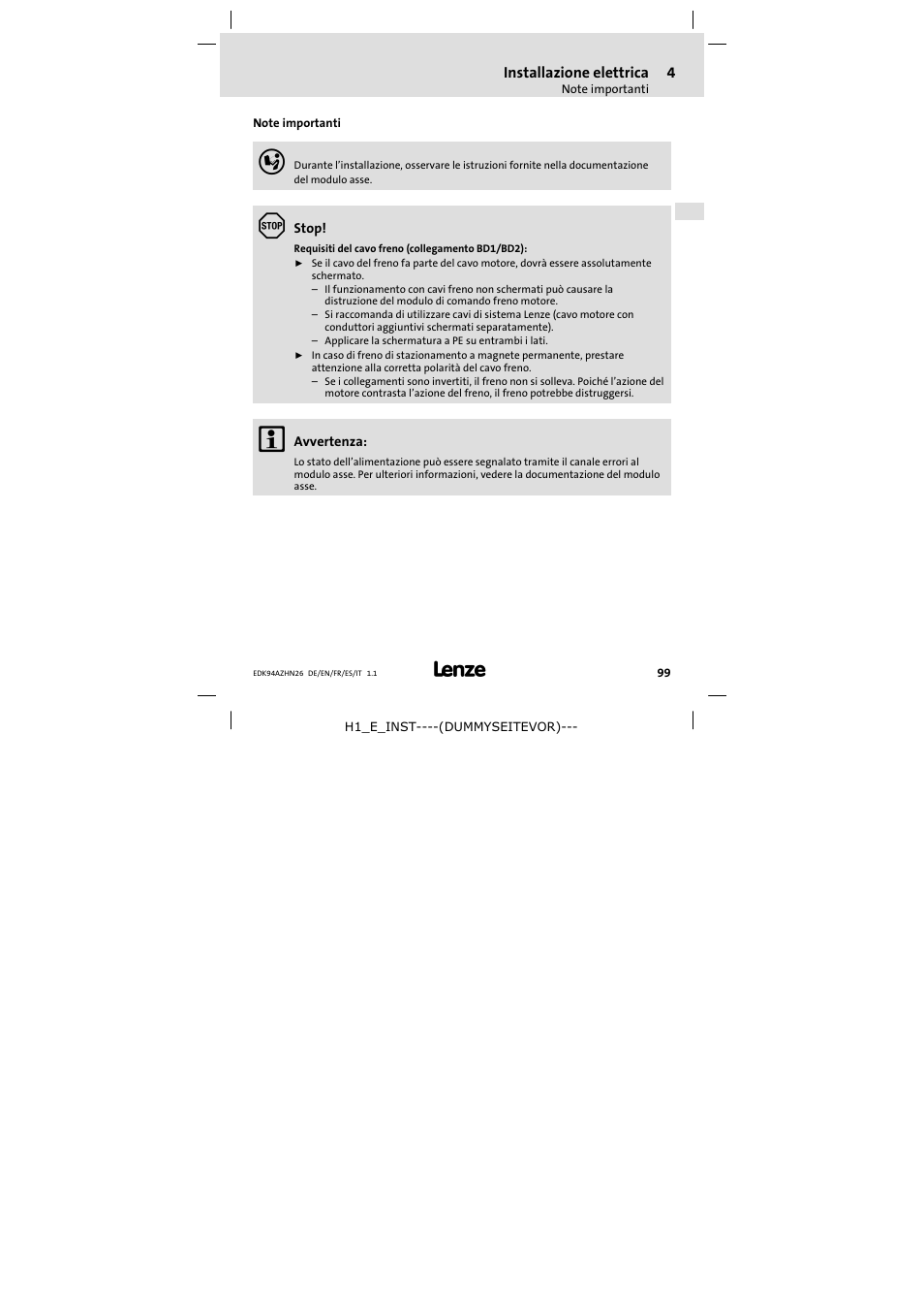 4 installazione elettrica, Note importanti, Installazione elettrica | Lenze E94AZHN0026 User Manual | Page 99 / 104