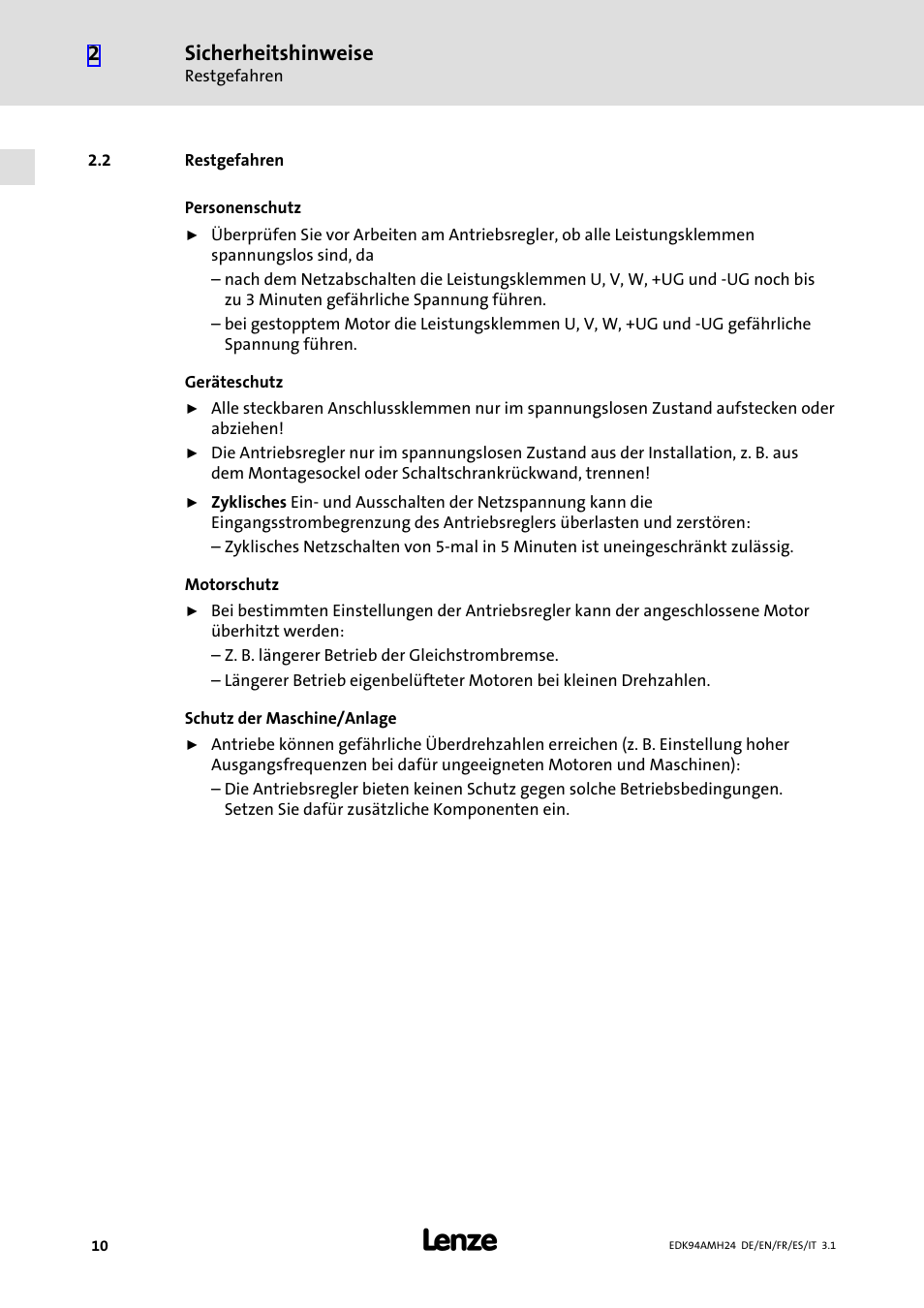 2 restgefahren, Restgefahren, Sicherheitshinweise | Lenze E94AMHE User Manual | Page 10 / 214