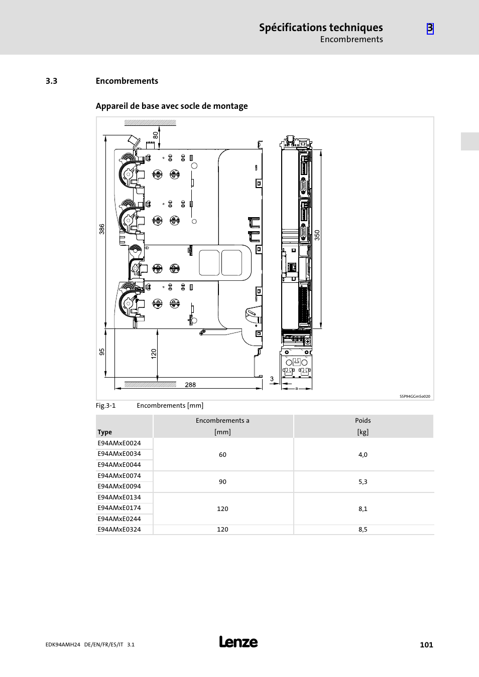 3 encombrements, Encombrements, Spécifications techniques | Lenze E94AMHE User Manual | Page 101 / 214