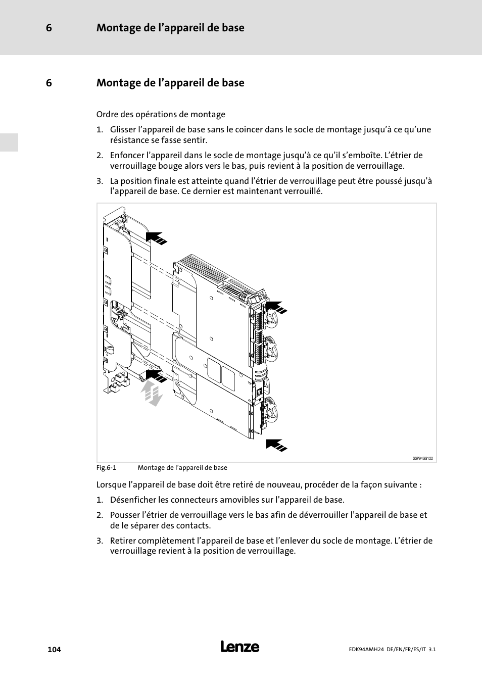 6 montage de l’appareil de base, Montage de l’appareil de base, Montage de l’appareil de base 6 | 6montage de l’appareil de base | Lenze E94AMHE User Manual | Page 104 / 214