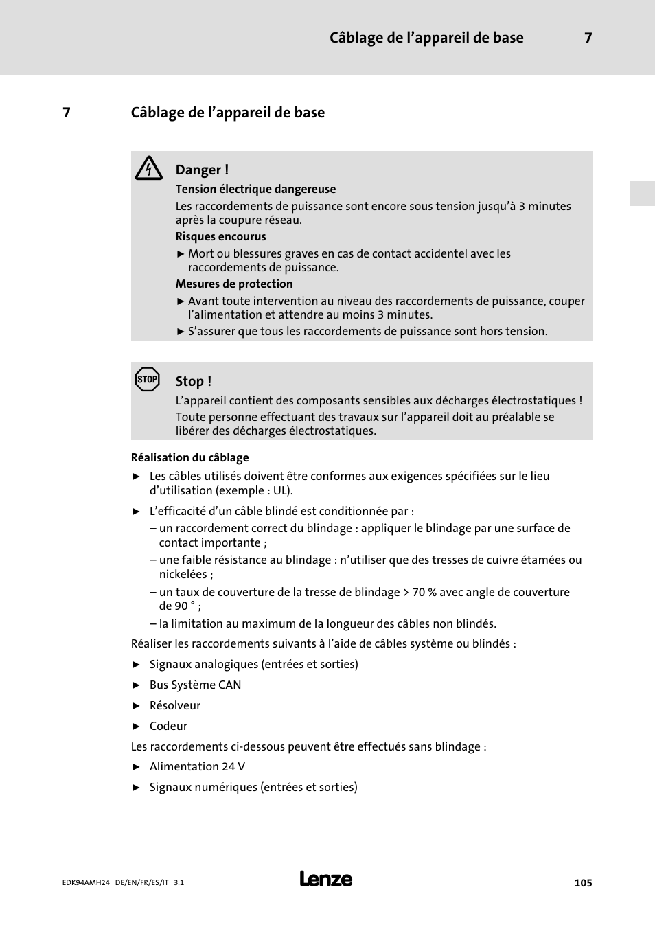 7 câblage de l’appareil de base, Câblage de l’appareil de base, Câblage de l’appareil de base 7 | 7câblage de l’appareil de base | Lenze E94AMHE User Manual | Page 105 / 214