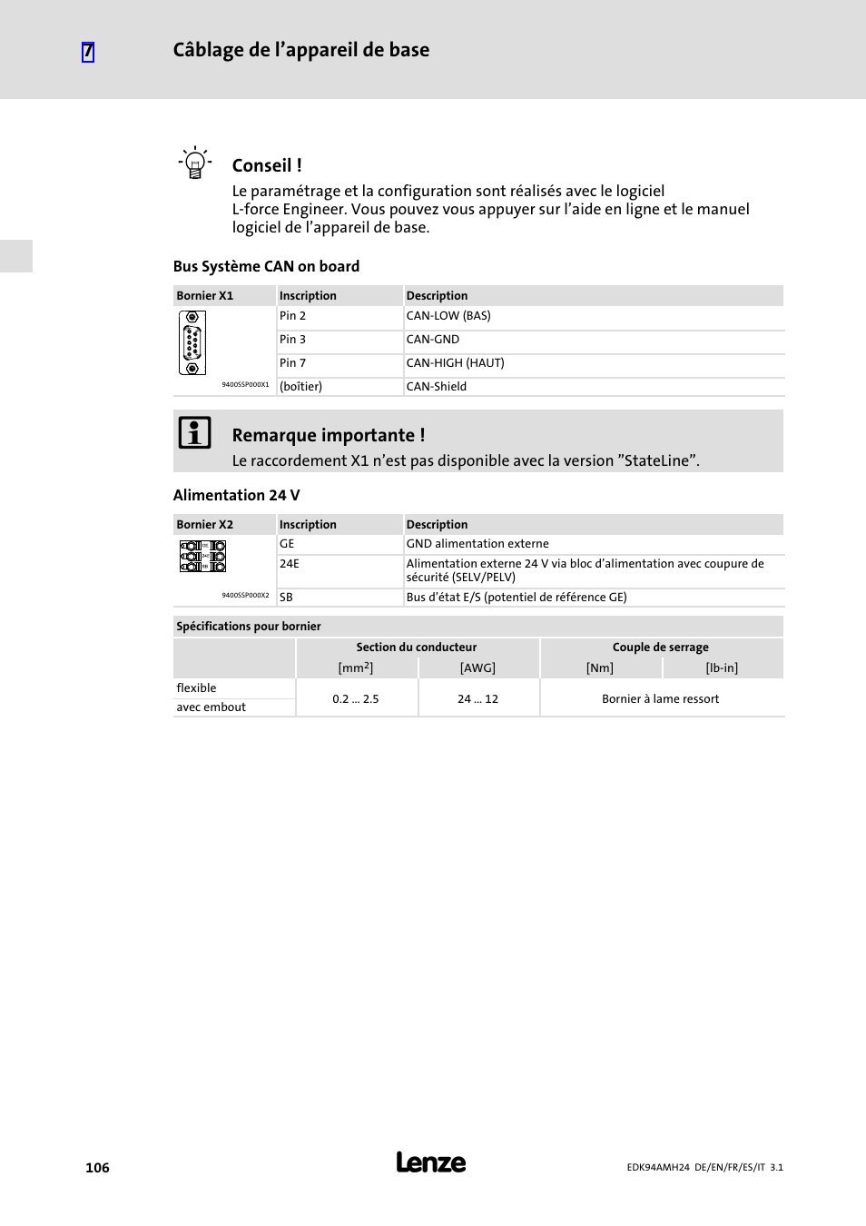 Câblage de l’appareil de base 7, Conseil, Remarque importante | Lenze E94AMHE User Manual | Page 106 / 214