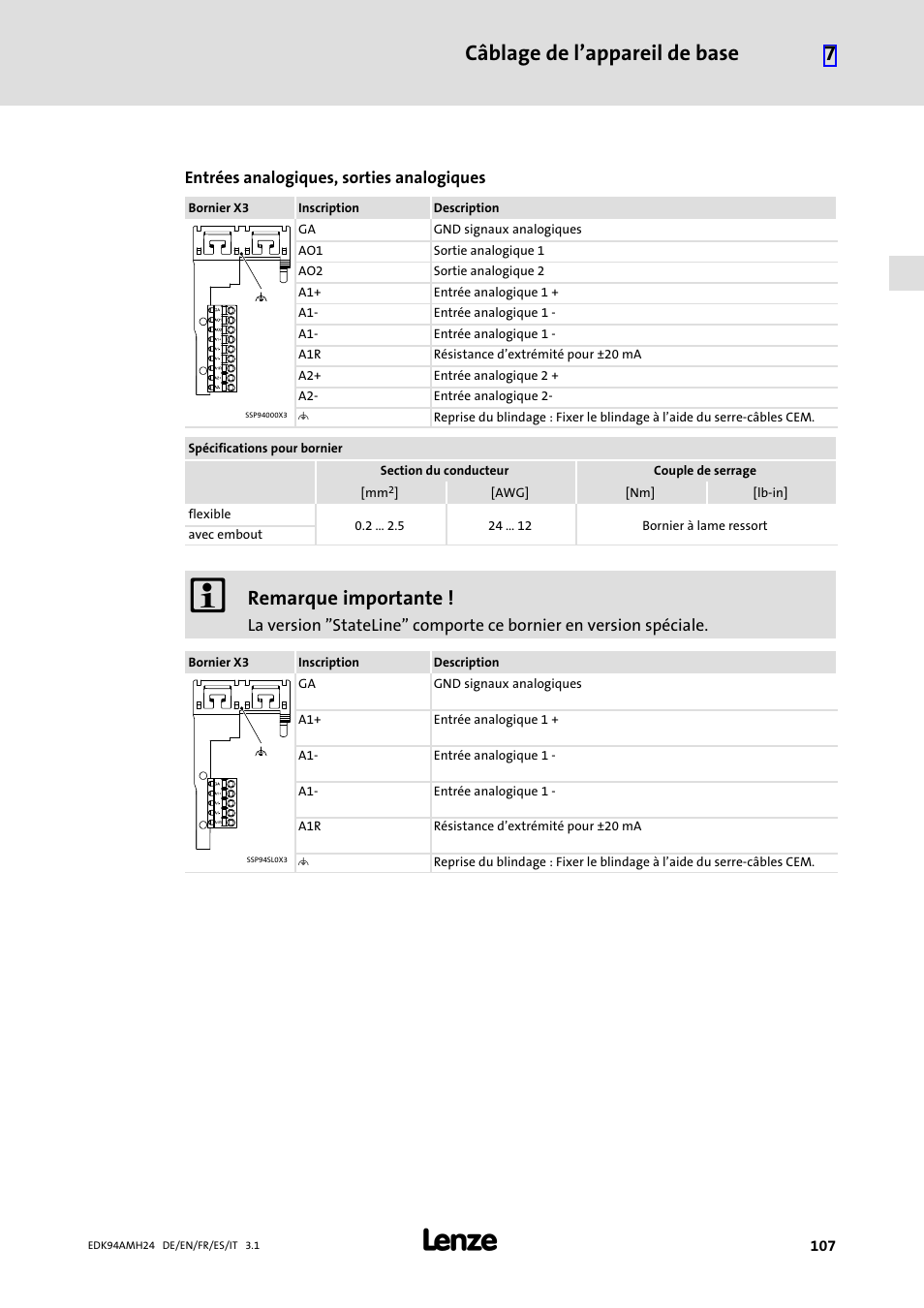 Câblage de l’appareil de base 7, Remarque importante | Lenze E94AMHE User Manual | Page 107 / 214