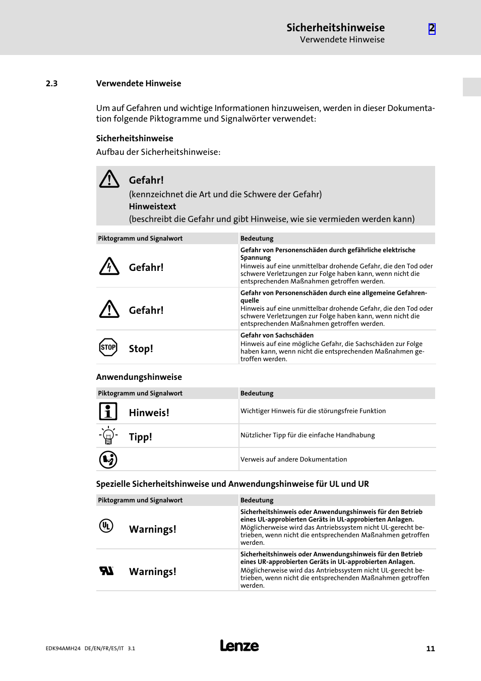 3 verwendete hinweise, Verwendete hinweise | Lenze E94AMHE User Manual | Page 11 / 214