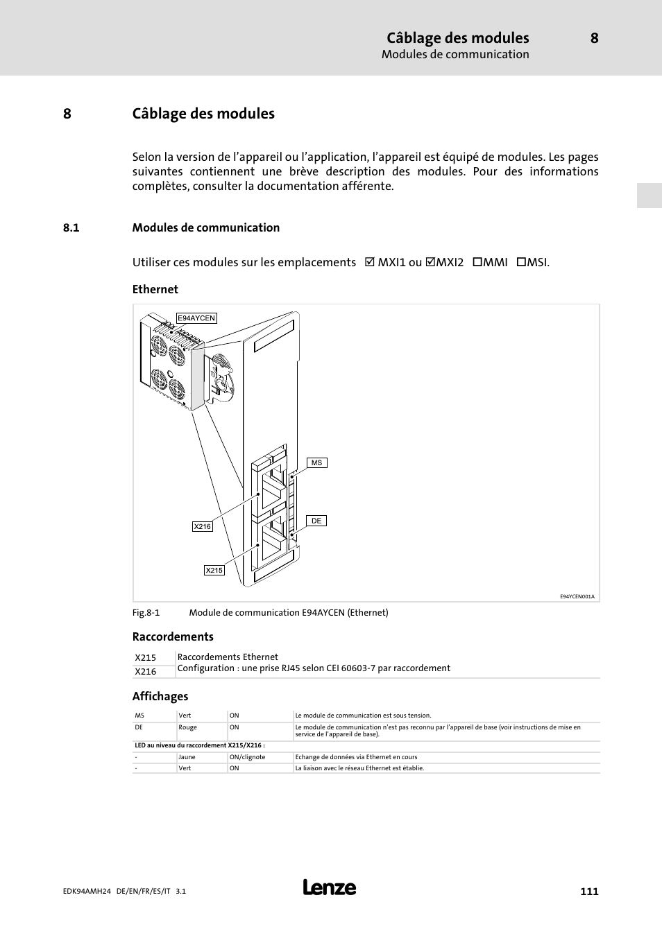 8 câblage des modules, 1 modules de communication, Câblage des modules | Modules de communication, 8câblage des modules, Raccordements, Affichages | Lenze E94AMHE User Manual | Page 111 / 214