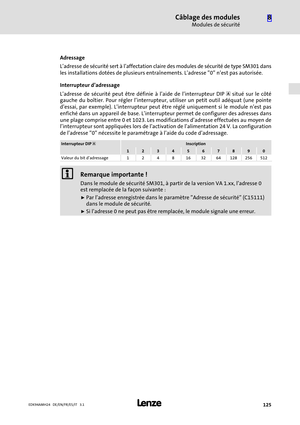 Câblage des modules, Remarque importante | Lenze E94AMHE User Manual | Page 125 / 214